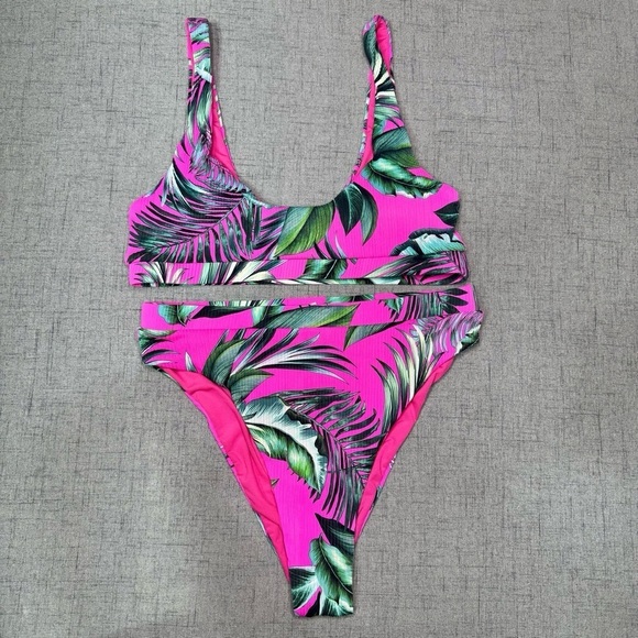 Tropical Leaf Print Ribbed Cheeky Bikini Set Hot Pink Green Medium - Picture 4 of 12